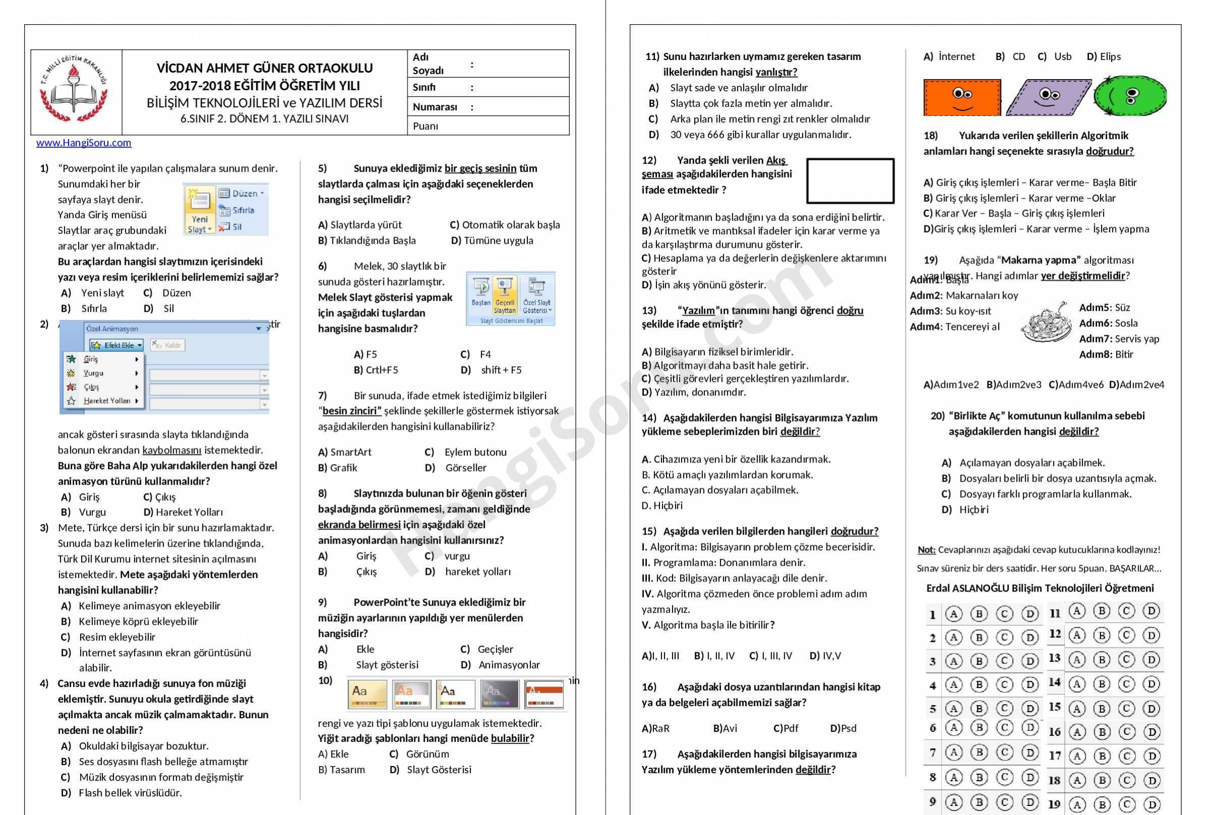 6. Sınıf Bilişim Teknolojileri 2.Dönem 1.Yazılı 2017 2018 15