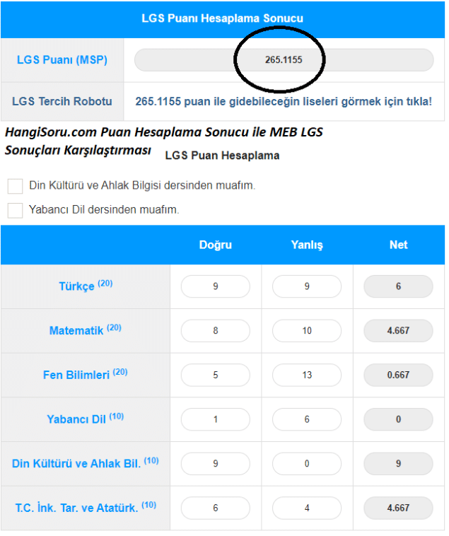 LGS Puan Hesaplama 2020 MEB - HangiSoru.com